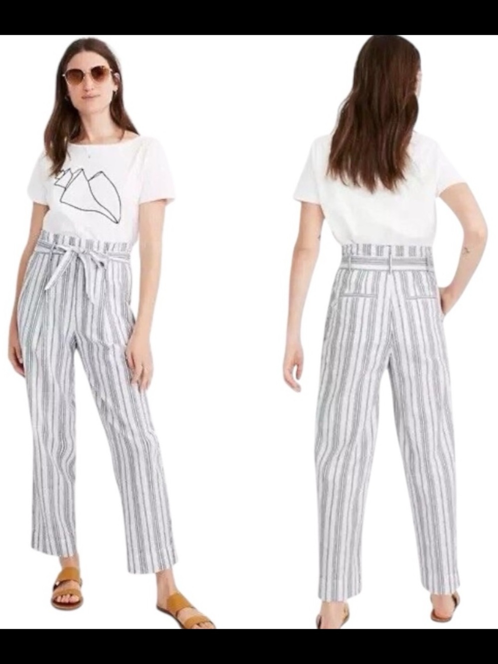 Madewell High Rise Pants Size 8 White/Navy Striped Cropped Linen Blend Tie Belt